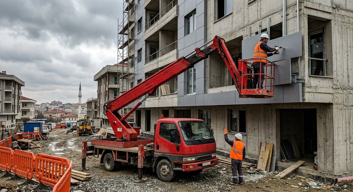 Şantiyede kırmızı kamyon üstü platform